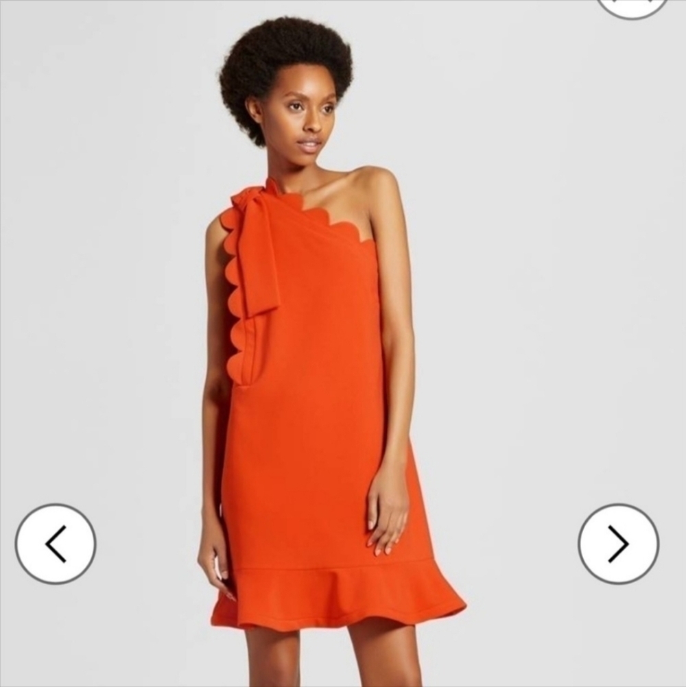 Victoria Beckham Orange Dress One Shoulder Bow Scalloped Hem Women's Large L EUC